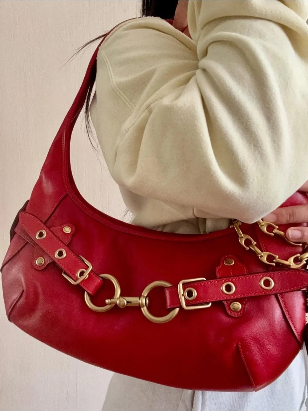 New Coach Red Belted Ergo Leather Shoulder Bag with Gold -Horsebit Detail